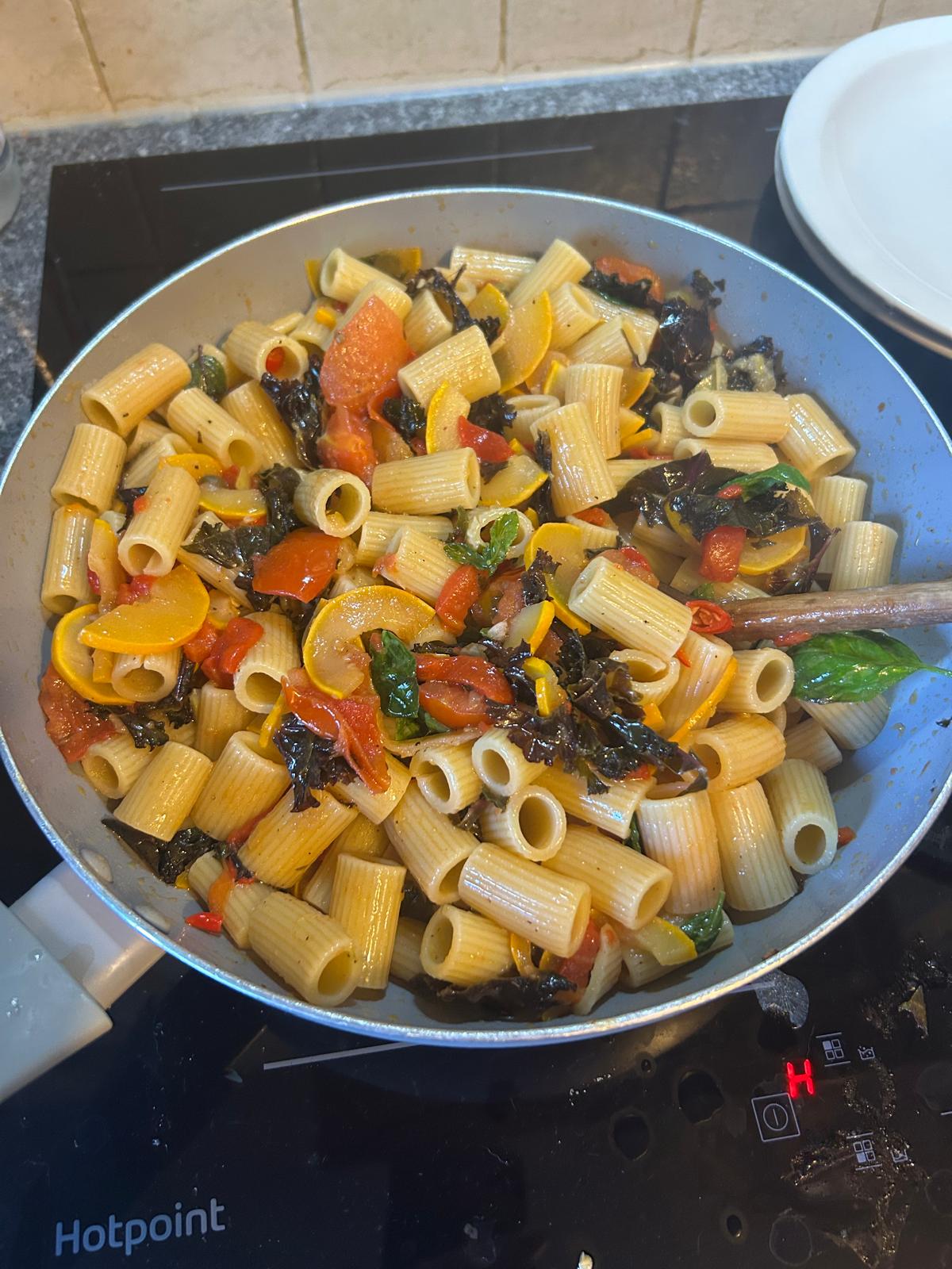 Pasta made from kale, tomatoes, basil and courgettes grown in Clark Street garden